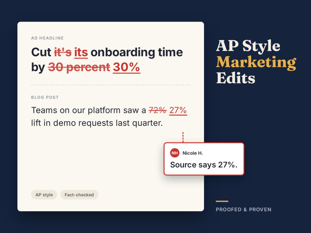 Tracked changes showing a copyedit and a proofread on a marketing blog post