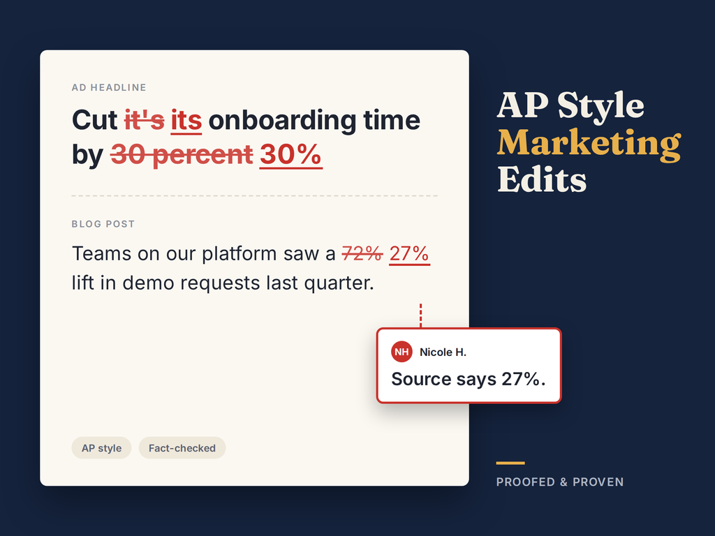 Tracked changes in Google Docs showing AP style copyedits on a marketing blog post